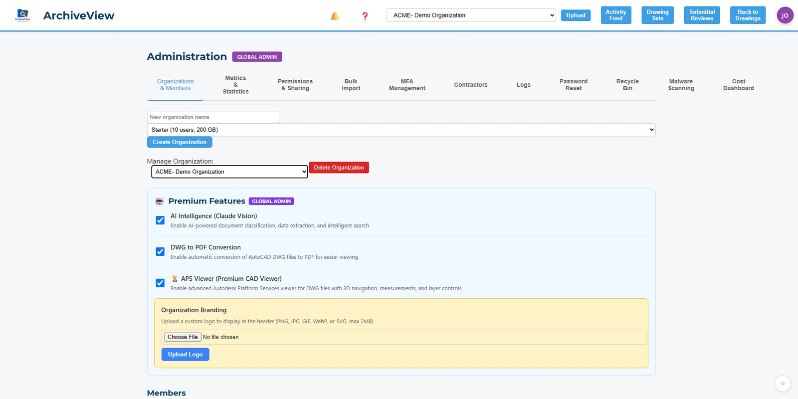 ArchiveView admin panel with organization management and premium feature toggles for AI Vision, DWG conversion, and the CAD viewer