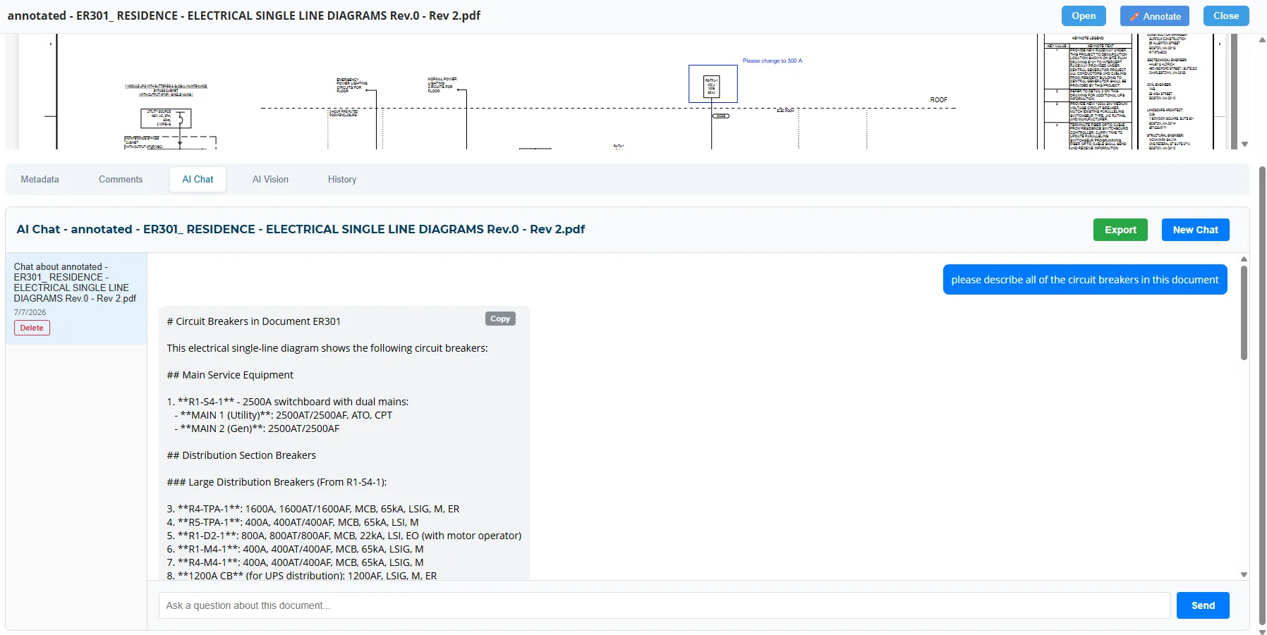 ArchiveView AI Chat answering a question about circuit breakers in an electrical single-line diagram, listing switchboard and distribution breakers with ratings