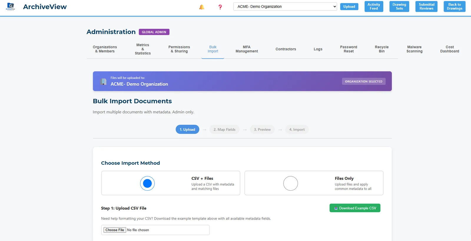ArchiveView bulk import wizard: upload, map fields, preview, and import documents from a CSV plus files
