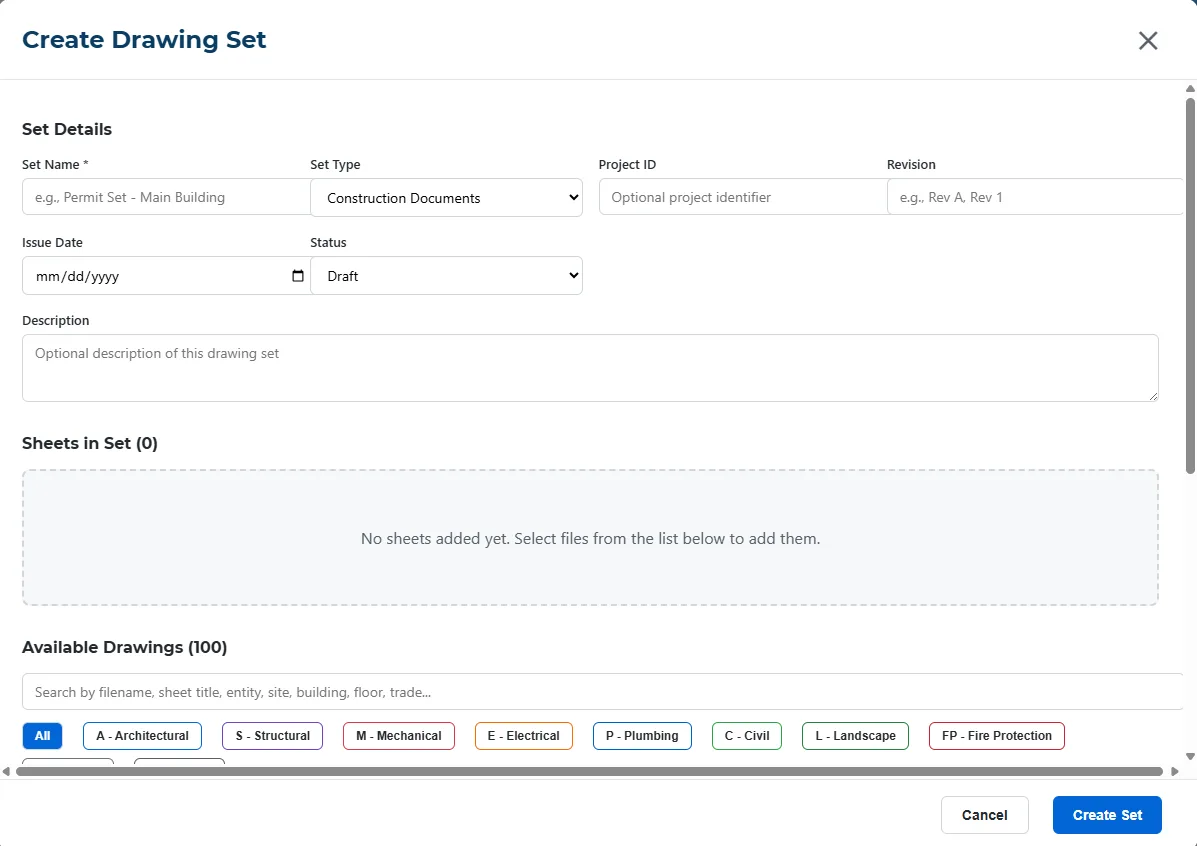ArchiveView Create Drawing Set dialog with set details and discipline filters for architectural, structural, MEP, and more