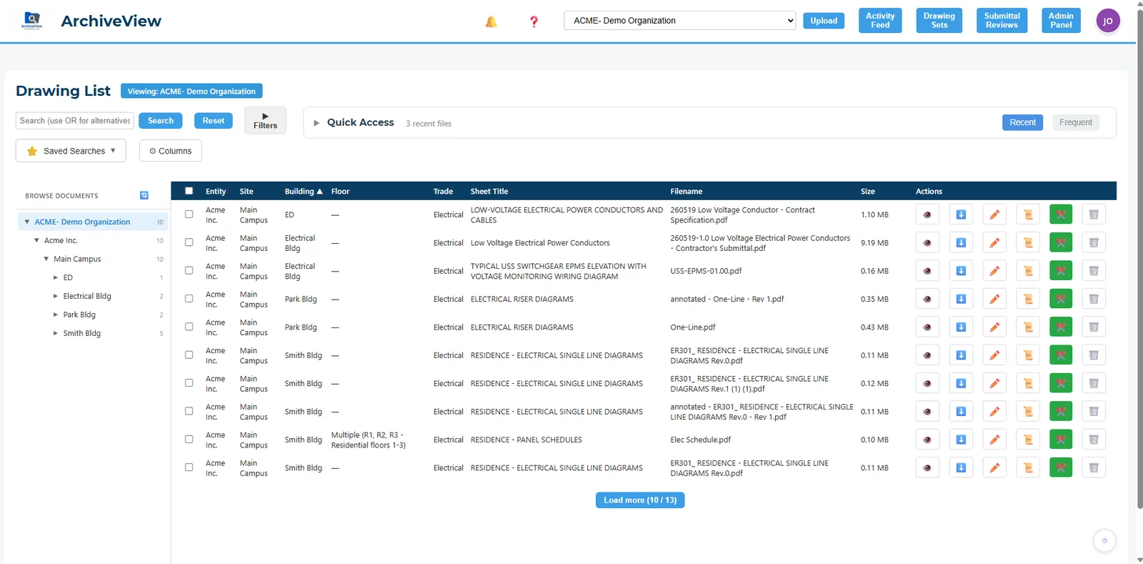 ArchiveView drawing list: hierarchical folder tree with entity, site, building, floor, and trade columns, full-text search, and quick actions